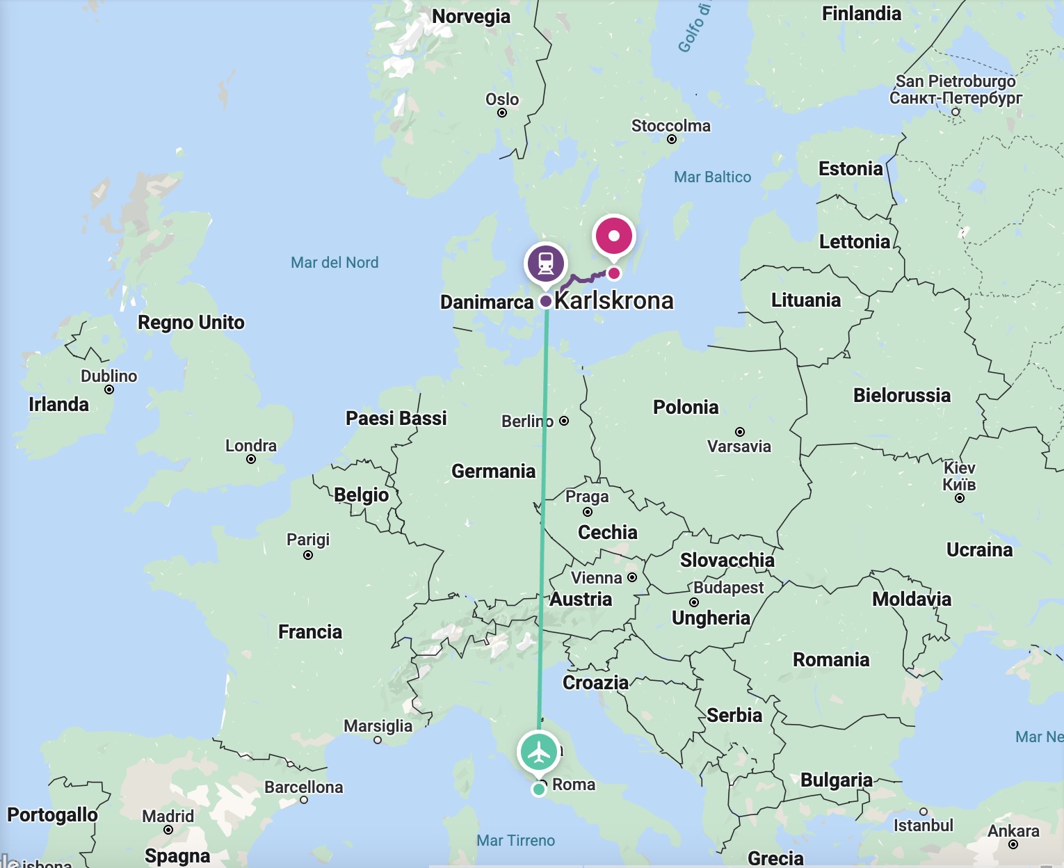 Journey Map from Rome to Karlskrona